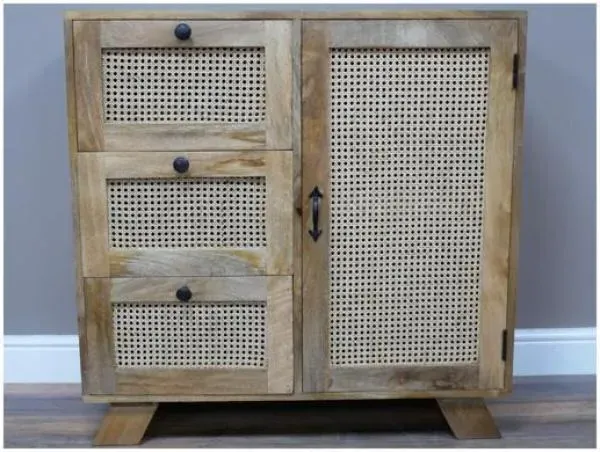 Small Mango Wood and Rattan Storage Cabinet - Natural