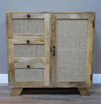 Small Mango Wood and Rattan Storage Cabinet - Natural