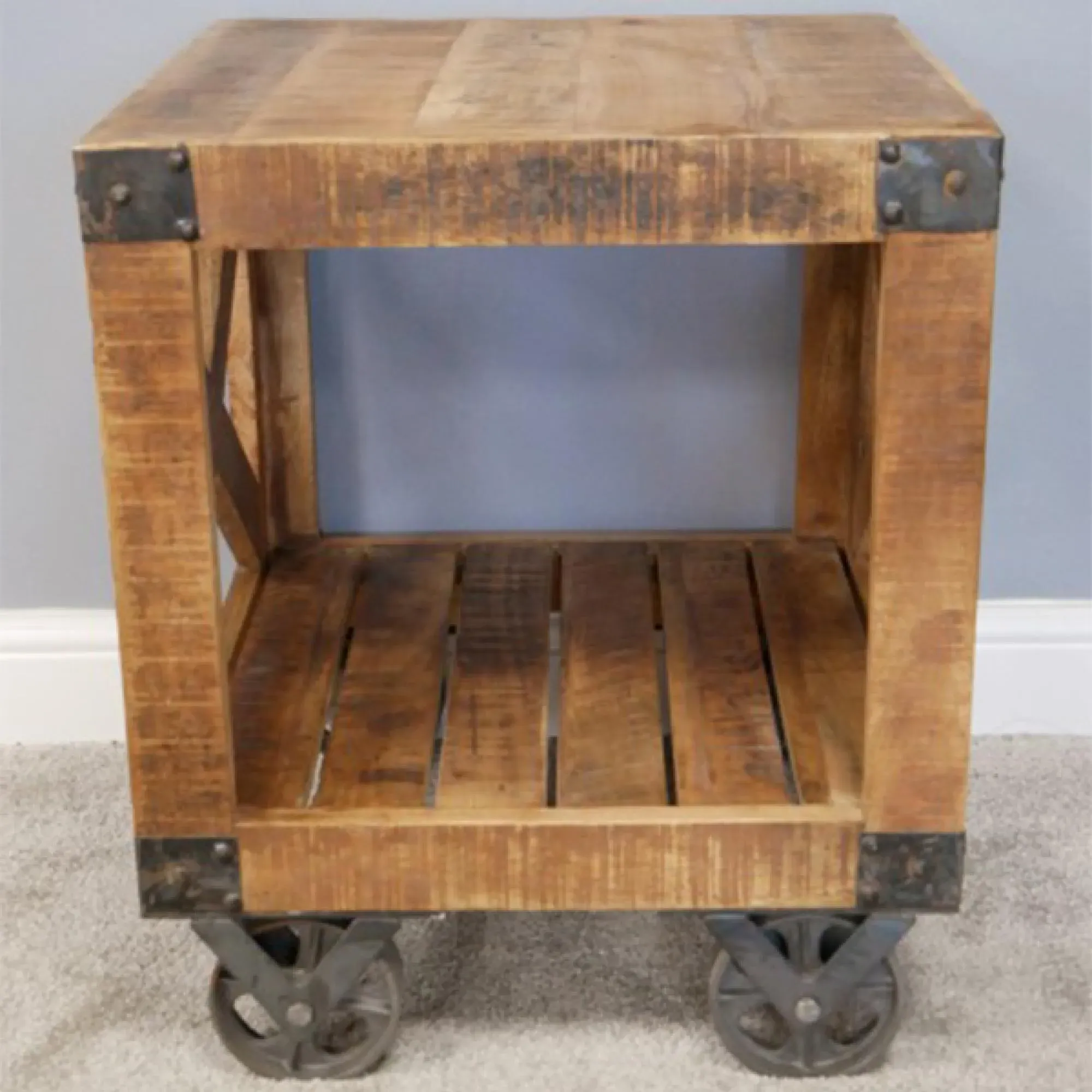 Square Side Table on Wheels - Mango Wood