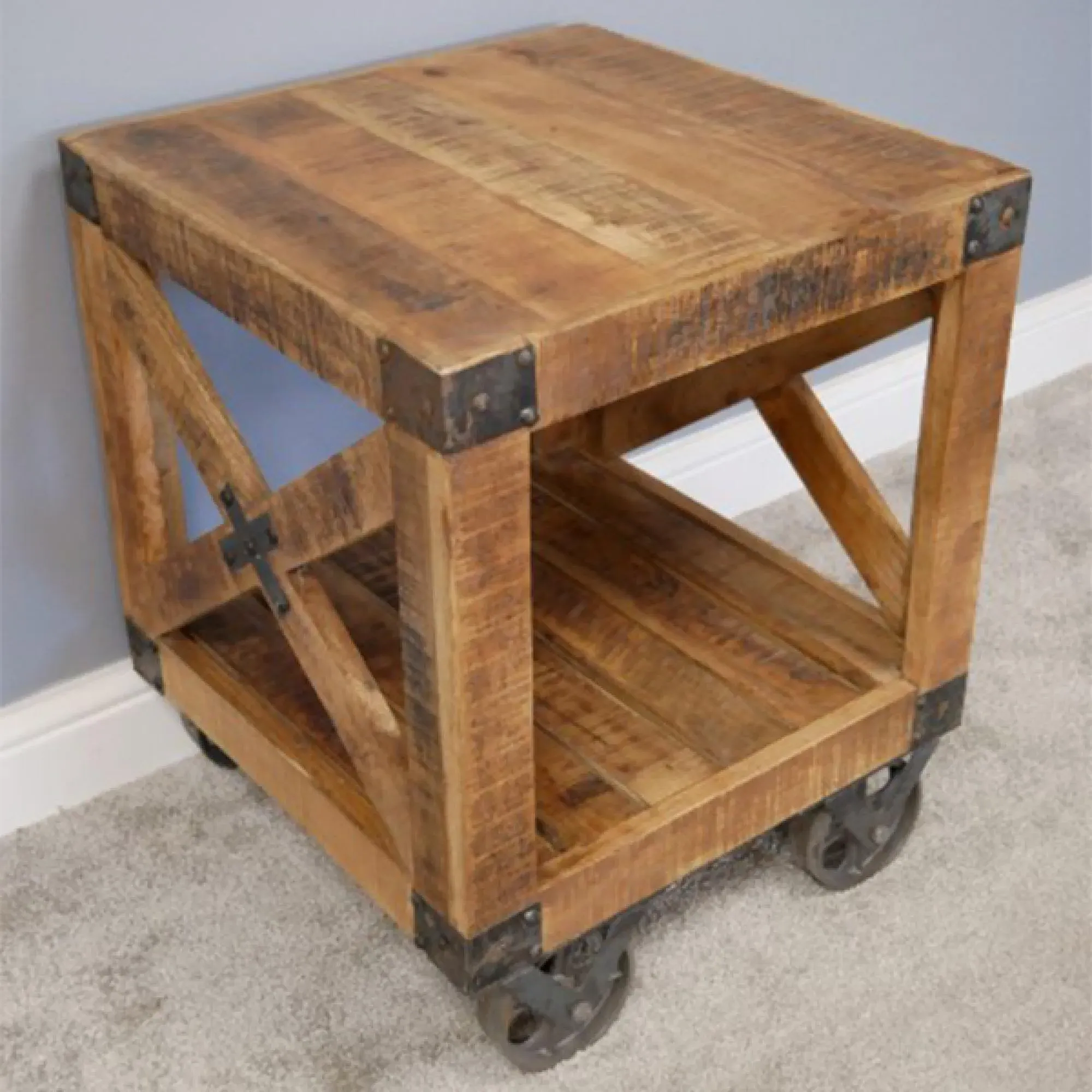 Square Side Table on Wheels - Mango Wood