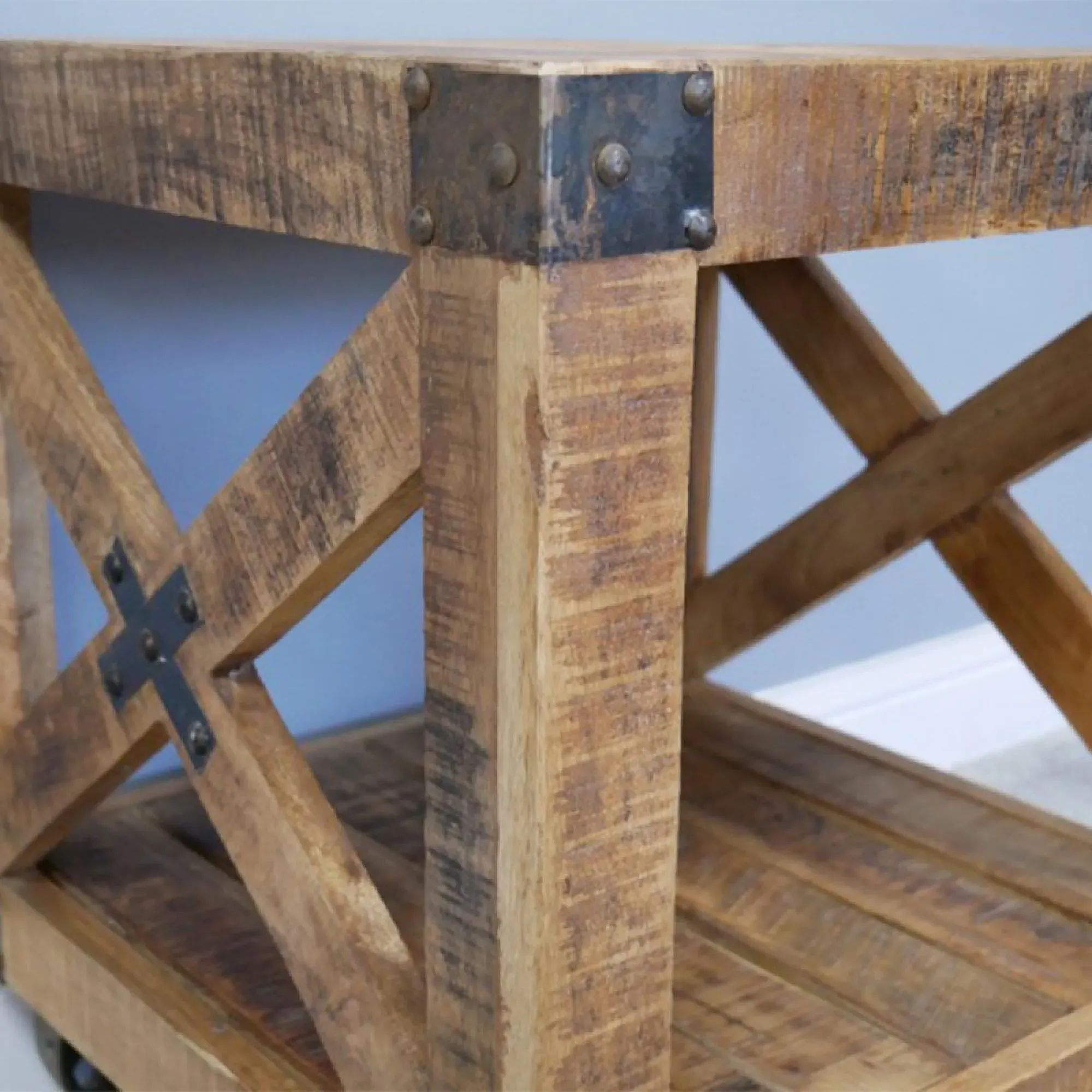 Square Side Table on Wheels - Mango Wood
