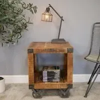 Square Side Table on Wheels - Mango Wood