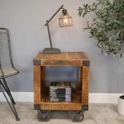 Square Side Table on Wheels - Mango Wood