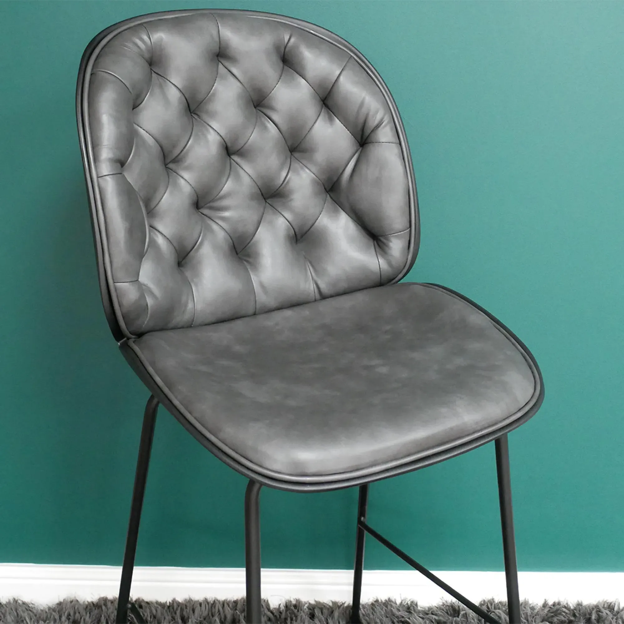 Tufted Bar Stool Set of 2 - Dark Grey, Faux Leather