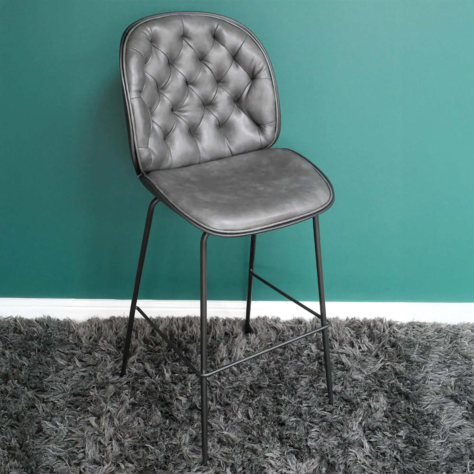 Tufted Bar Stool Set of 2 - Dark Grey, Faux Leather