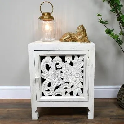 White Carved Mango Wood 1 Door Bedside Cabinet