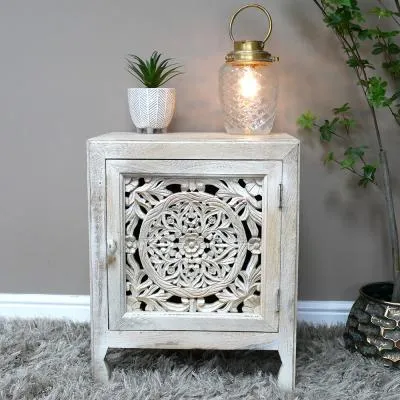 White Washed Carved Mango Wood 1 Door Small Bedside Cabinet