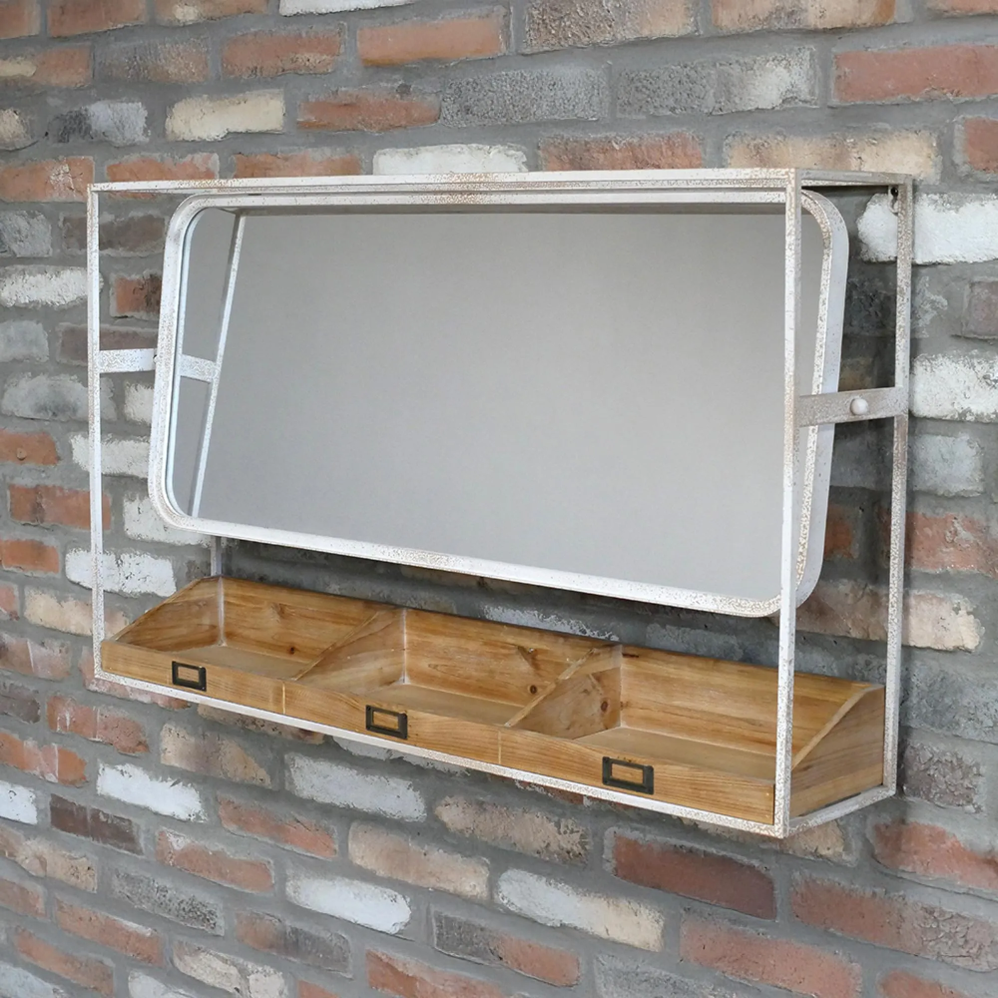 Wide Wood and Metal Mirror with Shelves - White