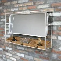 Wide Wood and Metal Mirror with Shelves - White