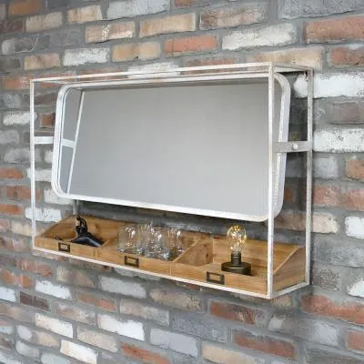 Wide Wood and Metal Mirror with Shelves - White