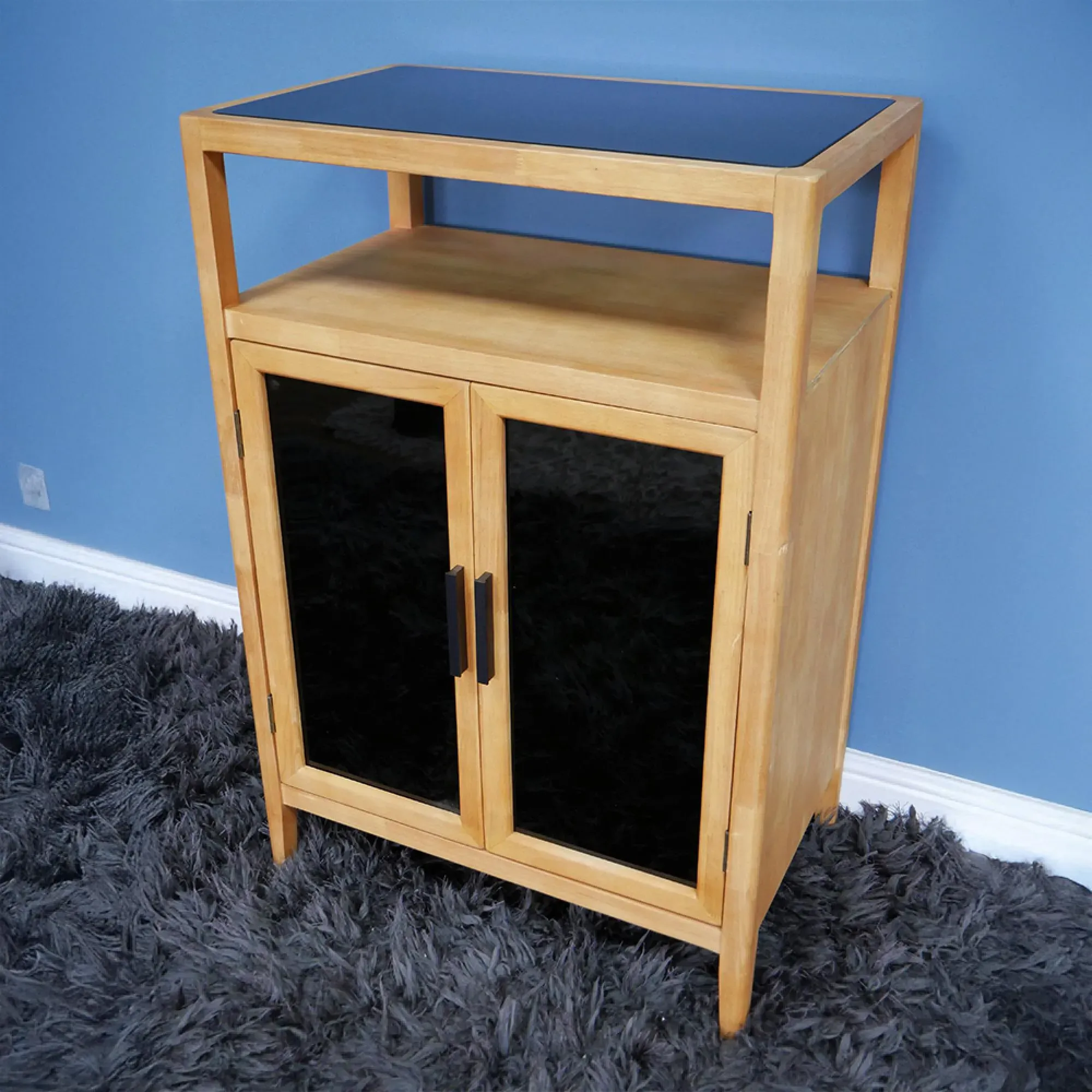 Wood and Black Glass 2 Door Storage Cabinet - Natural