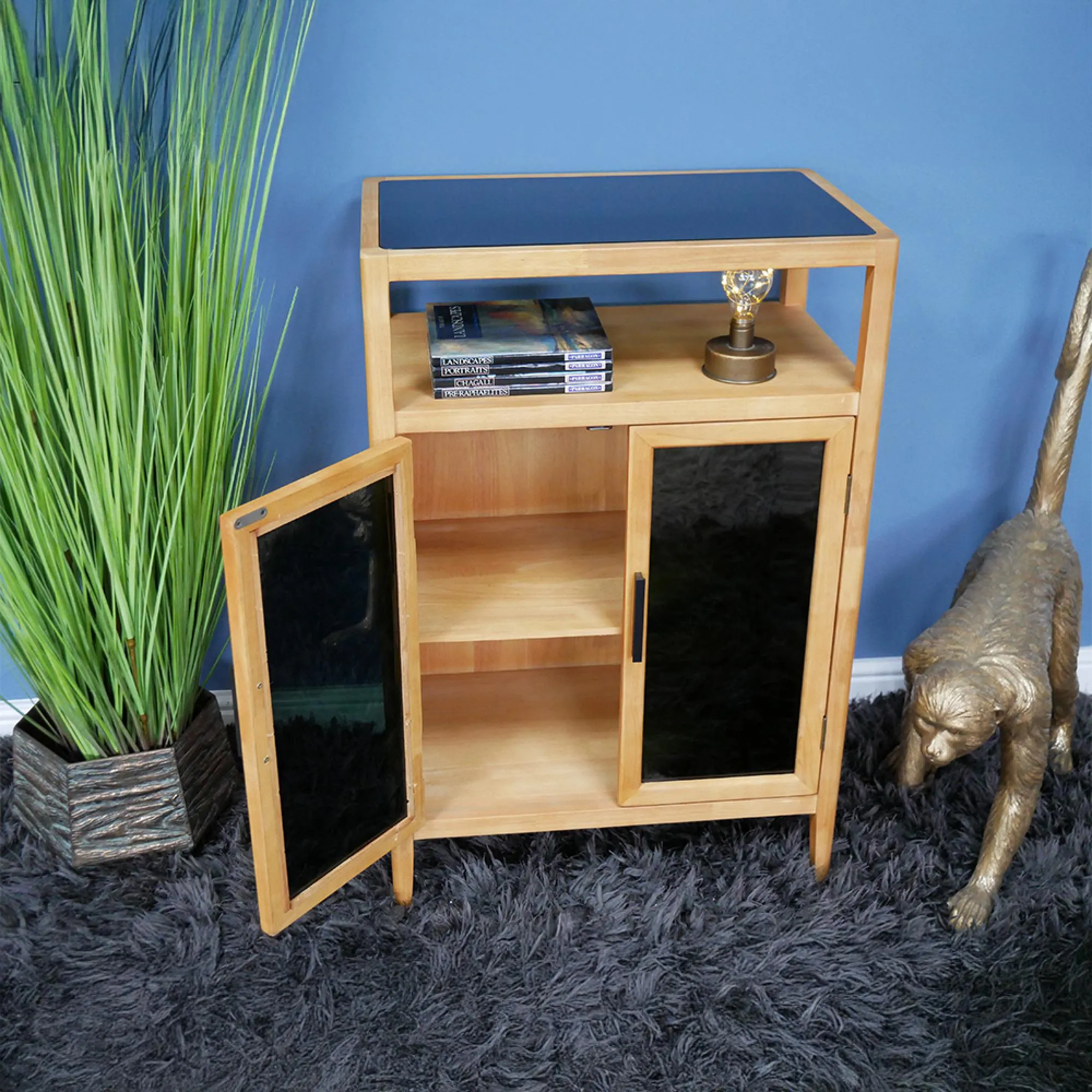 Wood and Black Glass 2 Door Storage Cabinet - Natural