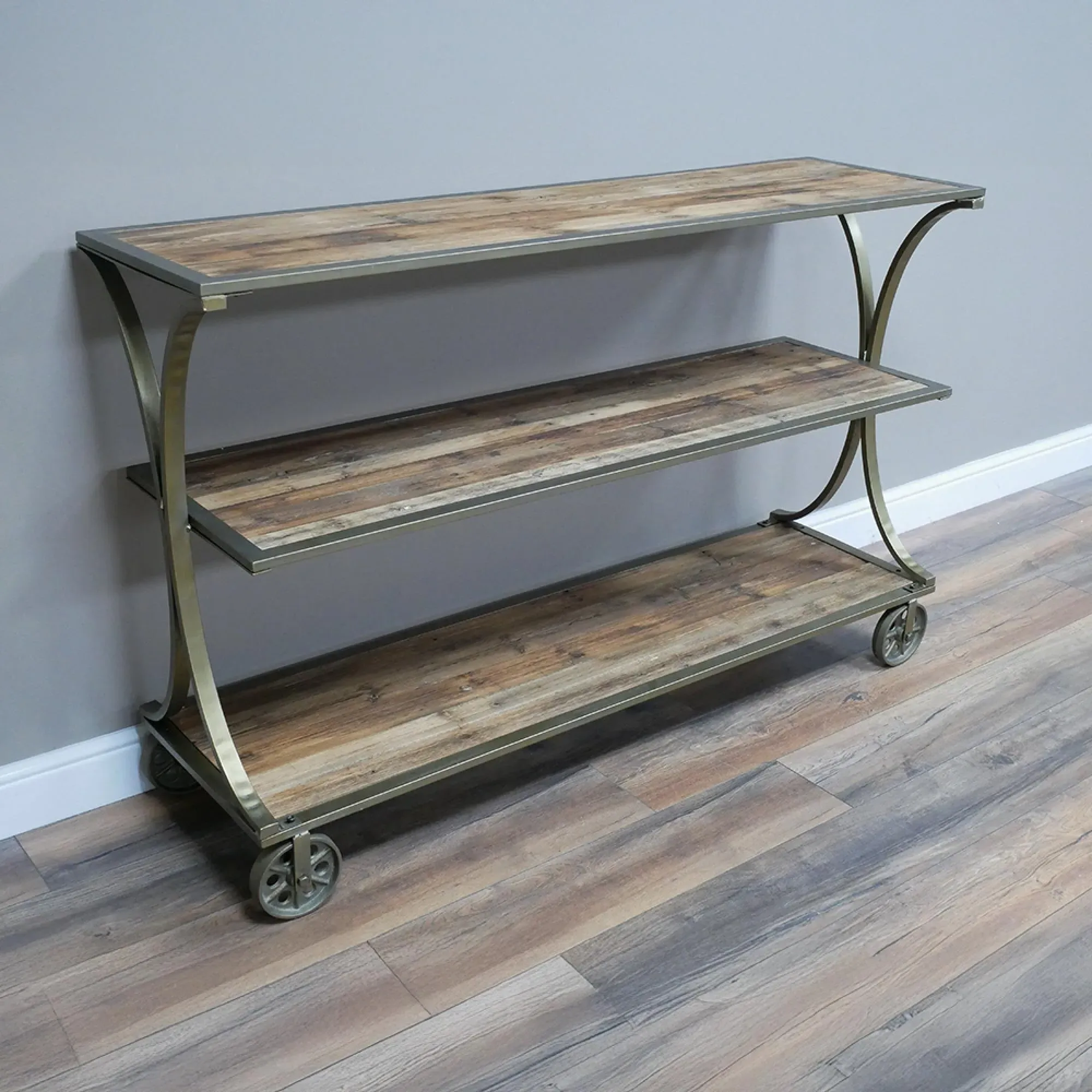 Wood and Metal Console Table on Wheels