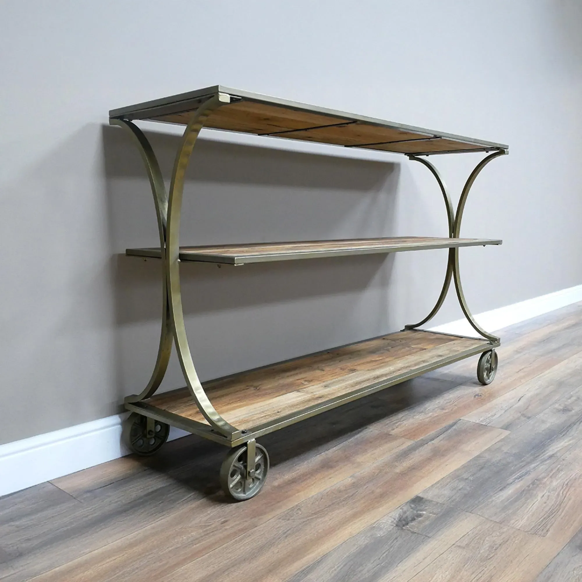 Wood and Metal Console Table on Wheels