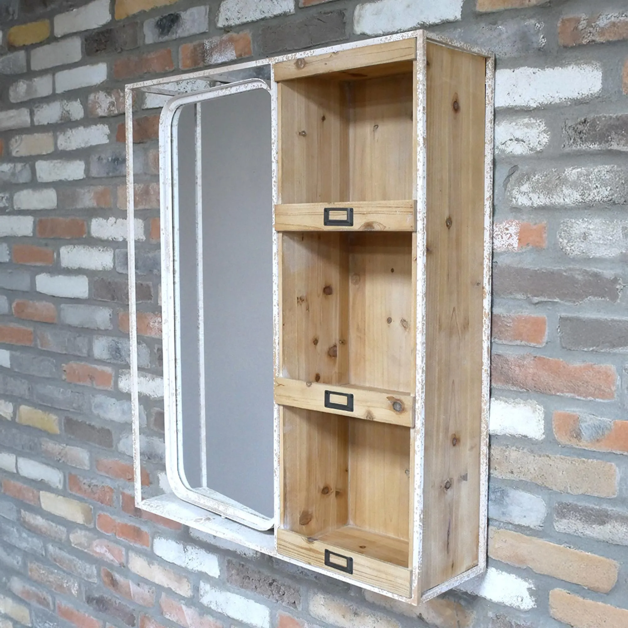 Wood and Metal Mirror with Shelves - White