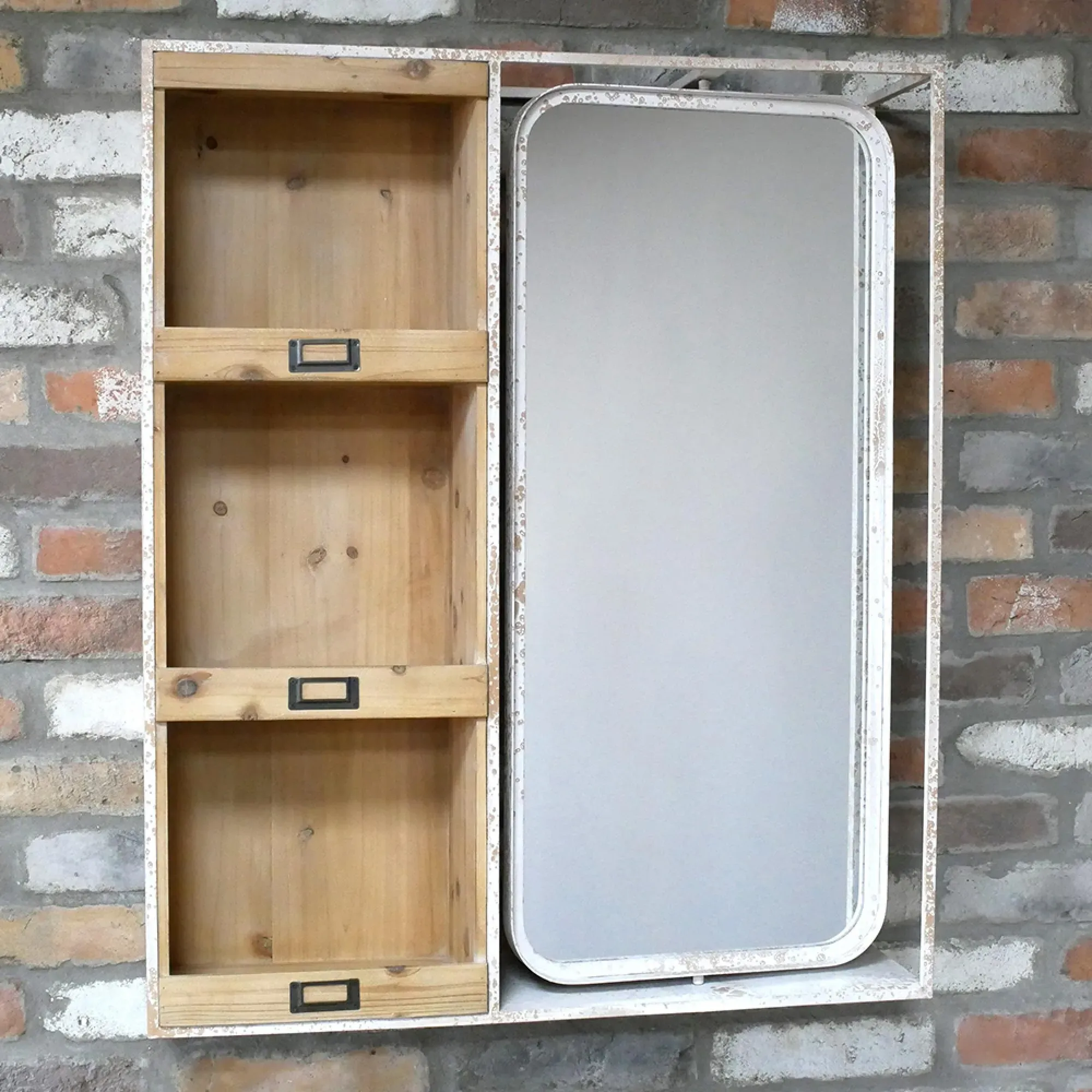 Wood and Metal Mirror with Shelves - White