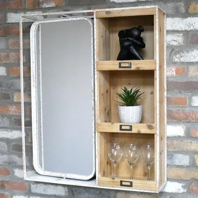 Wood and Metal Mirror with Shelves - White