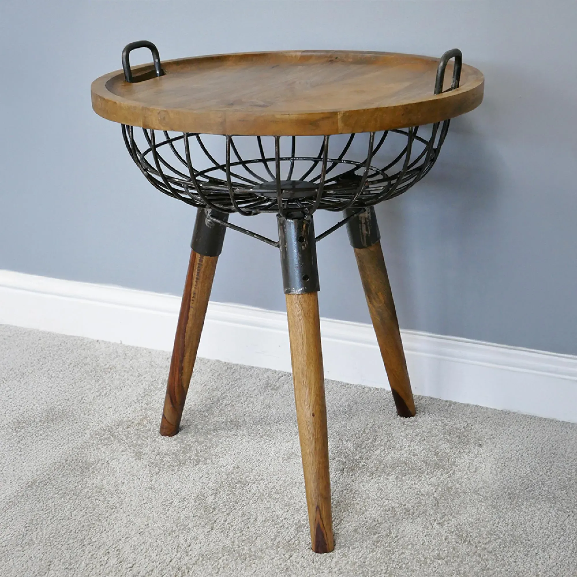 Wood and Metal Round Basket Side Table
