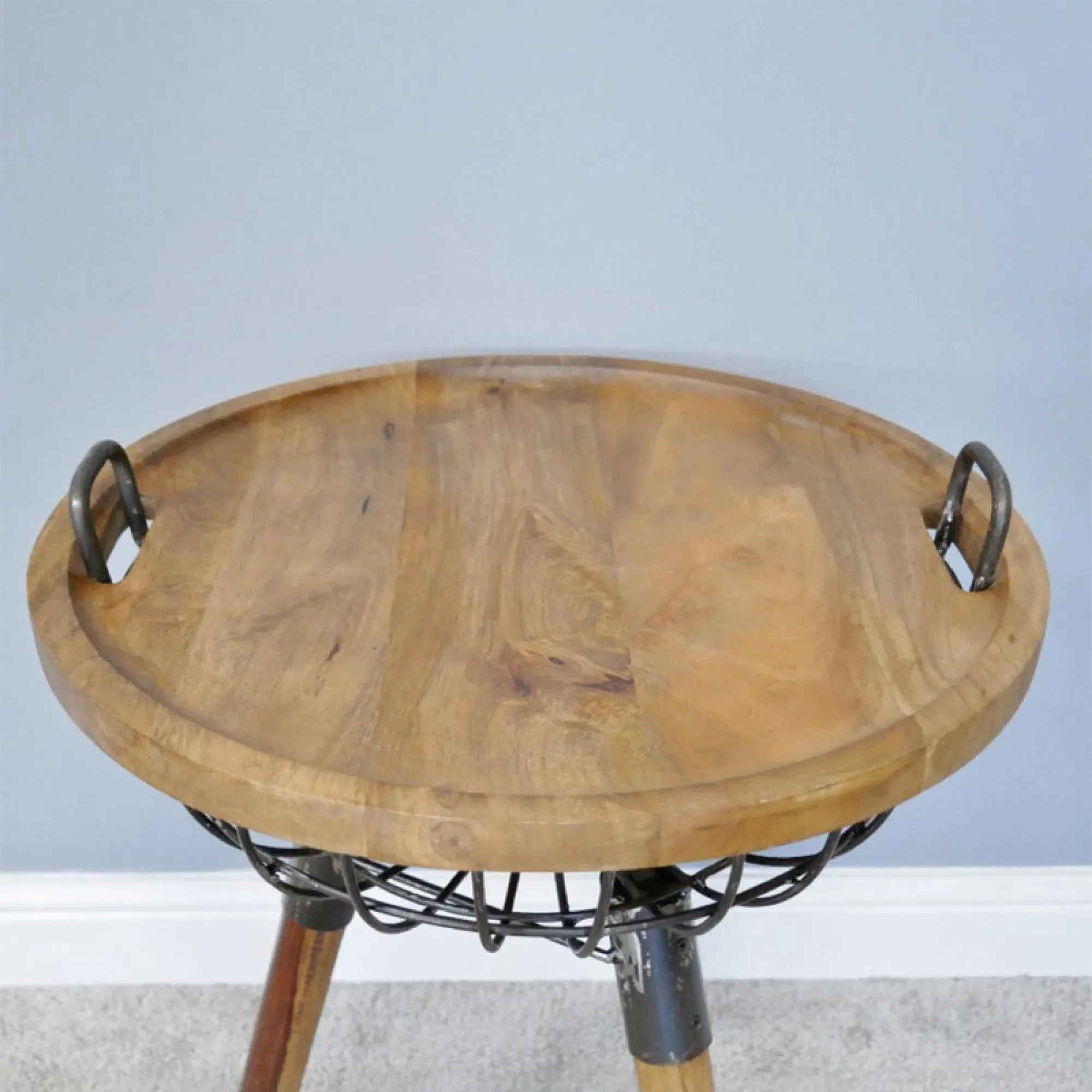 Wood and Metal Round Basket Side Table
