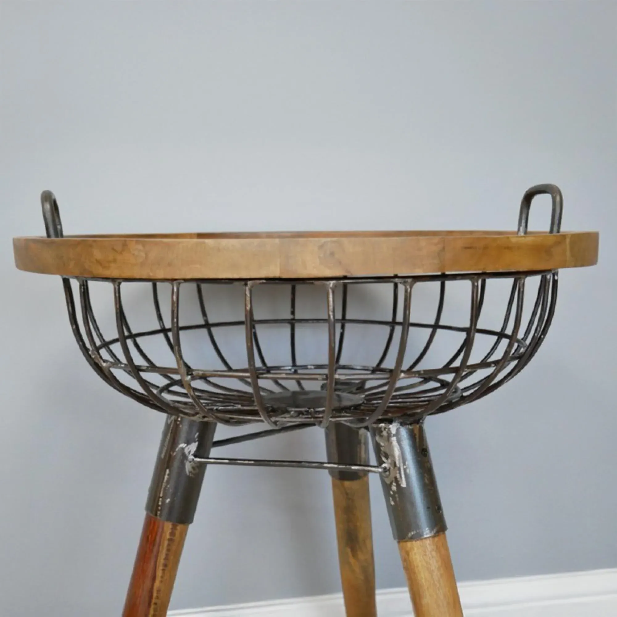 Wood and Metal Round Basket Side Table