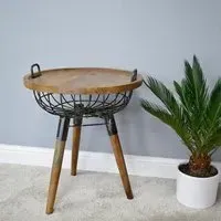 Wood and Metal Round Basket Side Table