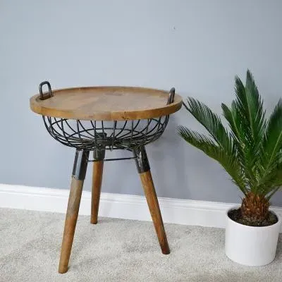 Wood and Metal Round Basket Side Table