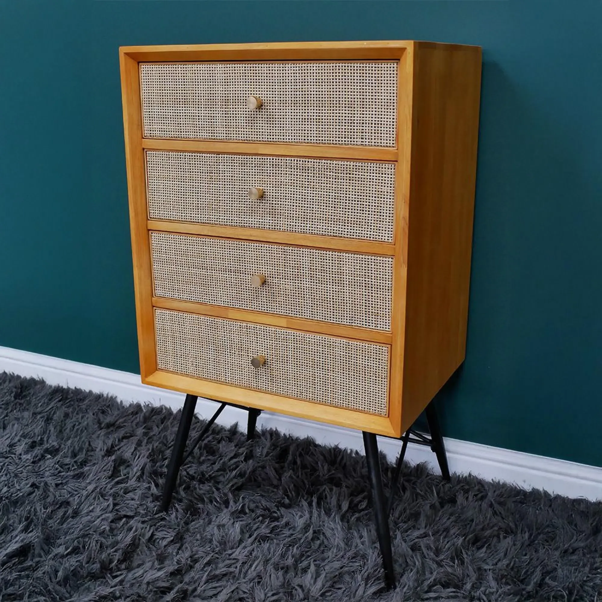 Wood and Rattan 4 Drawer Chest