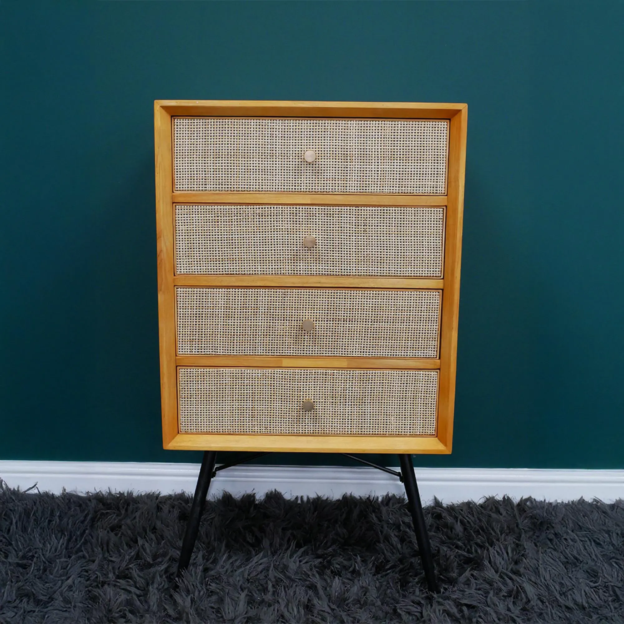 Wood and Rattan 4 Drawer Chest