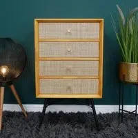 Wood and Rattan 4 Drawer Chest