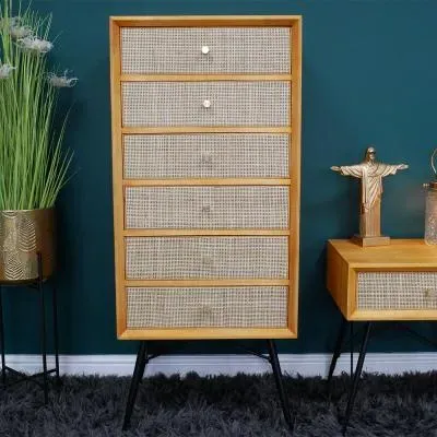 Wood and Rattan 6 Drawer Tallboy Chest image
