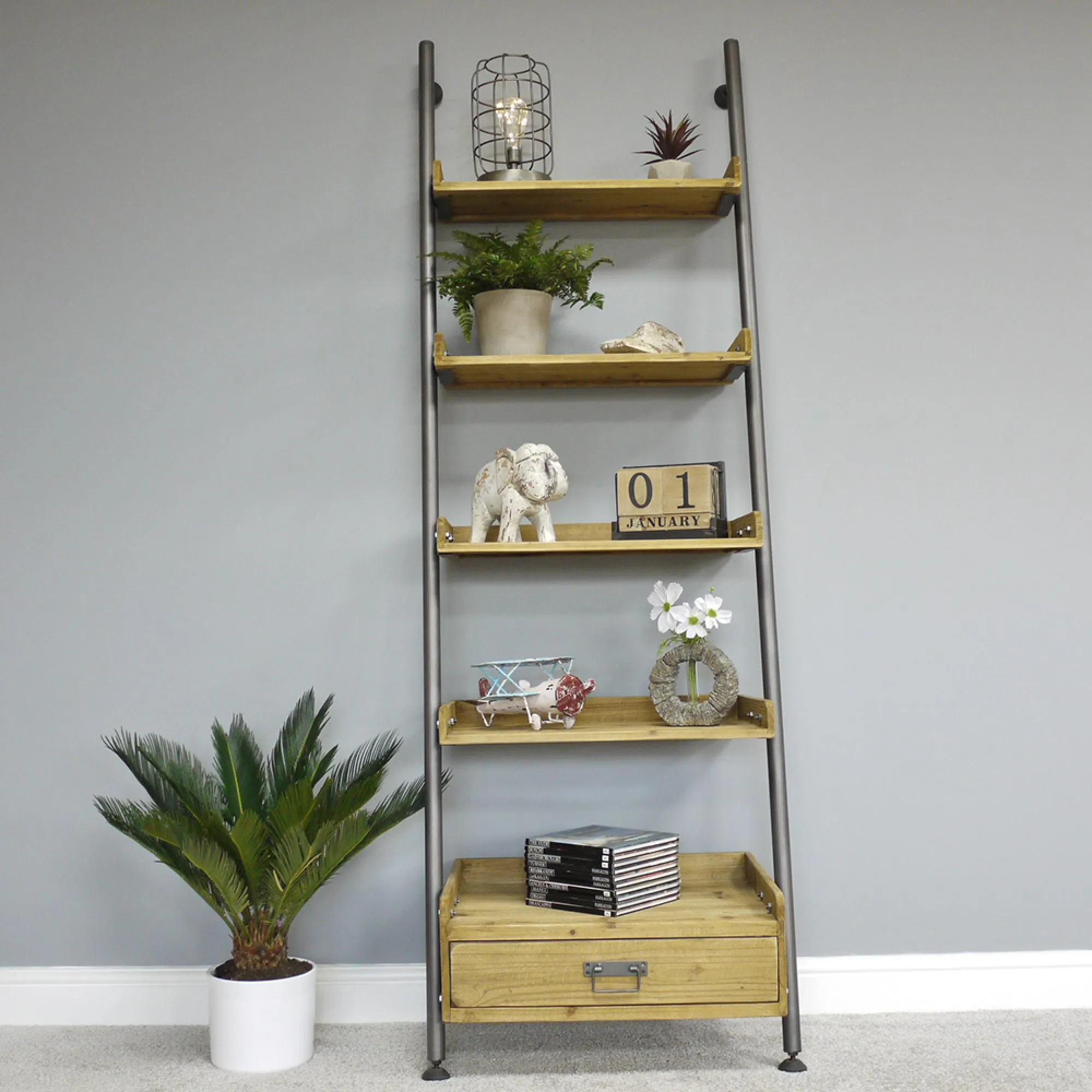 Wooden 1 Drawer Ladder Shelving Unit