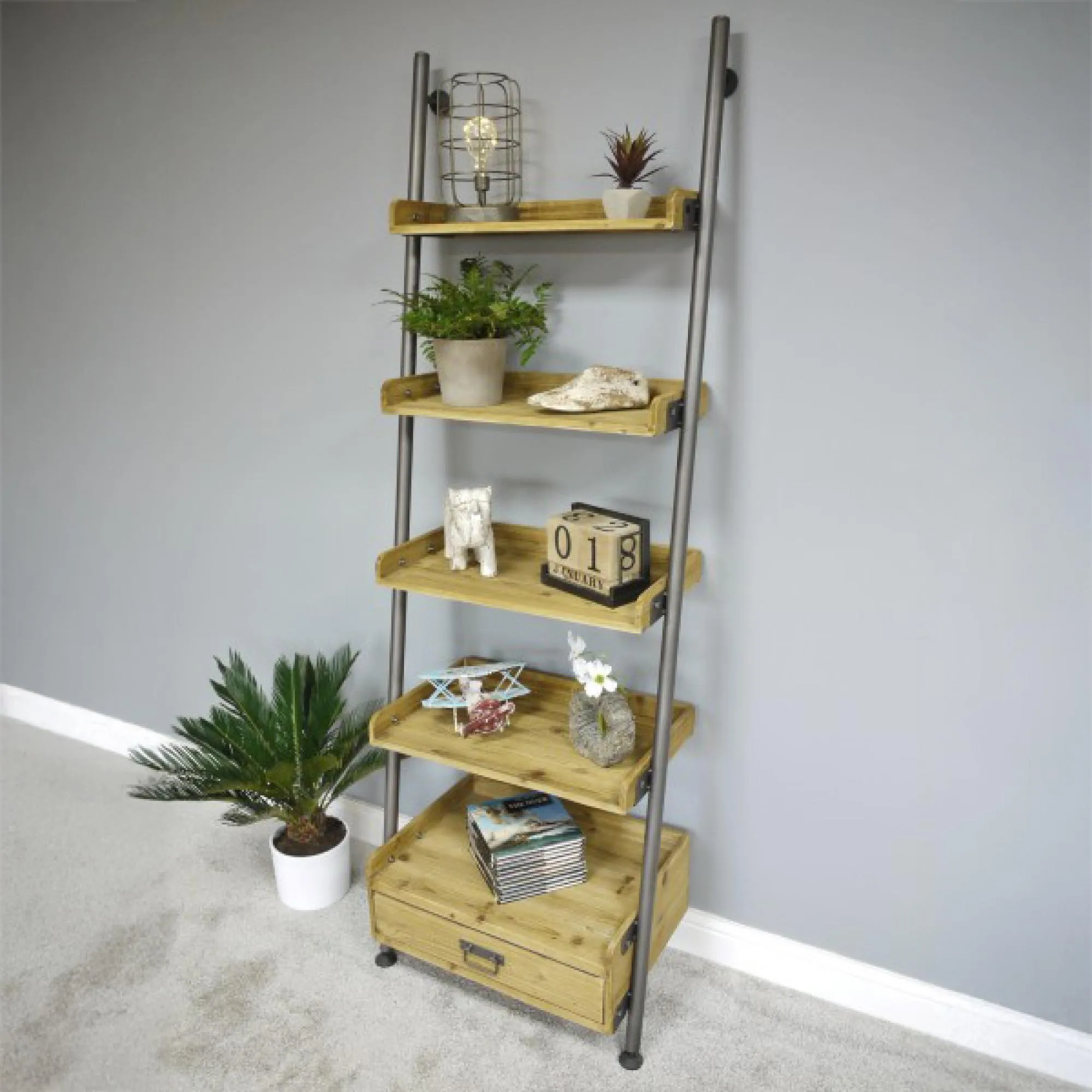 Wooden 1 Drawer Ladder Shelving Unit