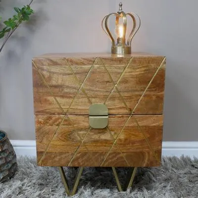 Wooden 2 Drawer Bedside Cabinet with Gold Hairpin Legs - Gold