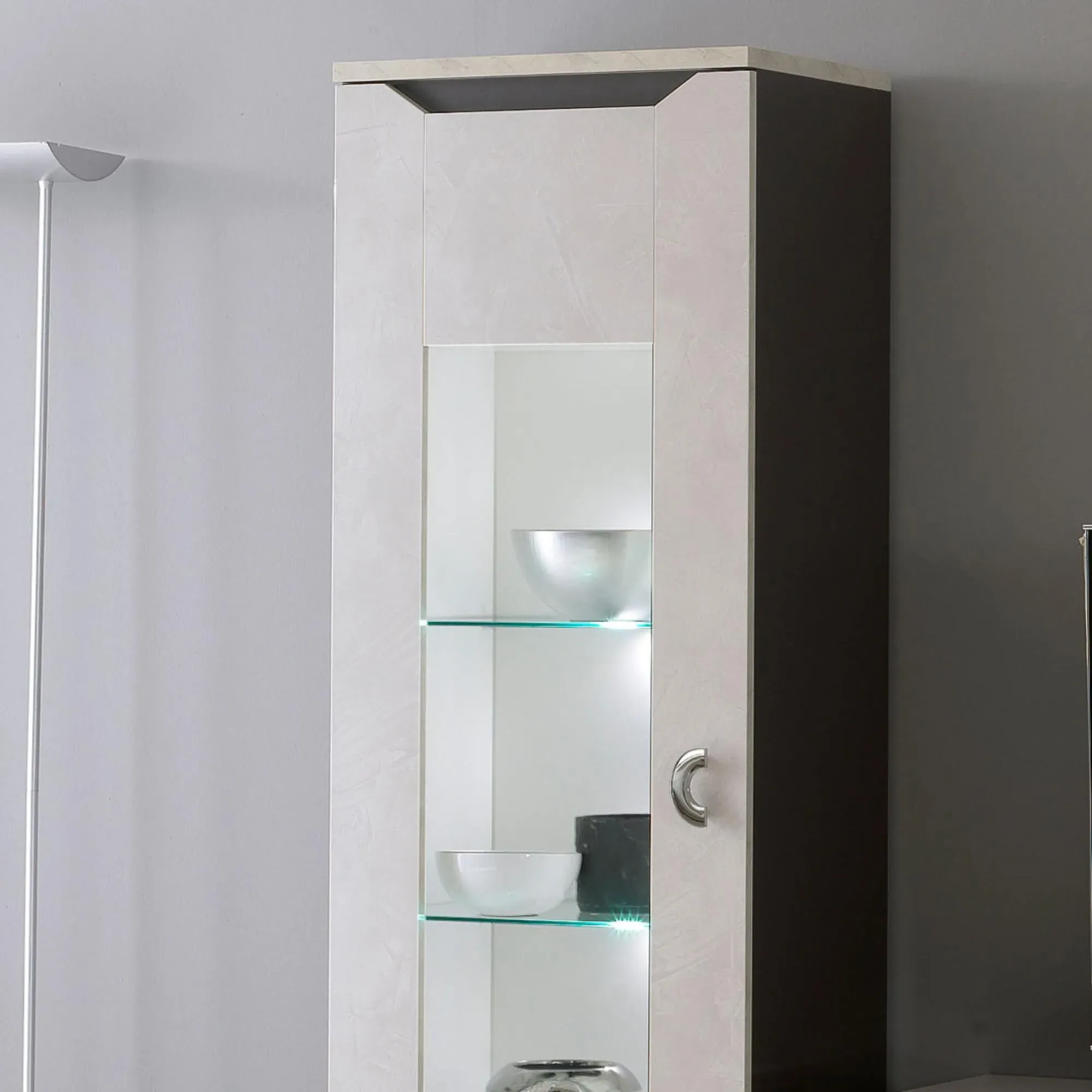 Angelo 1 Door Display Cabinet with LED - Grey, Marble