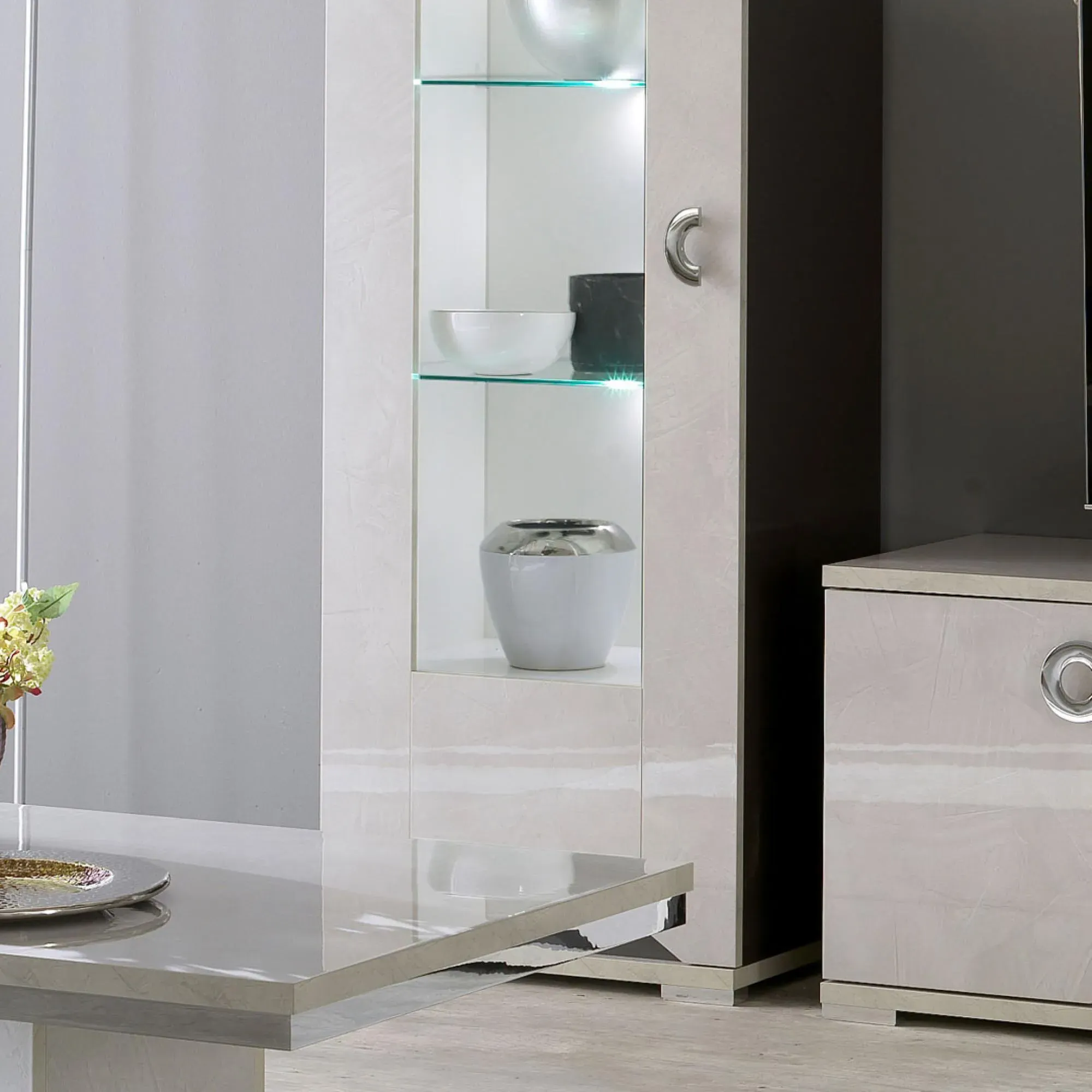 Angelo 1 Door Display Cabinet with LED - Grey, Marble