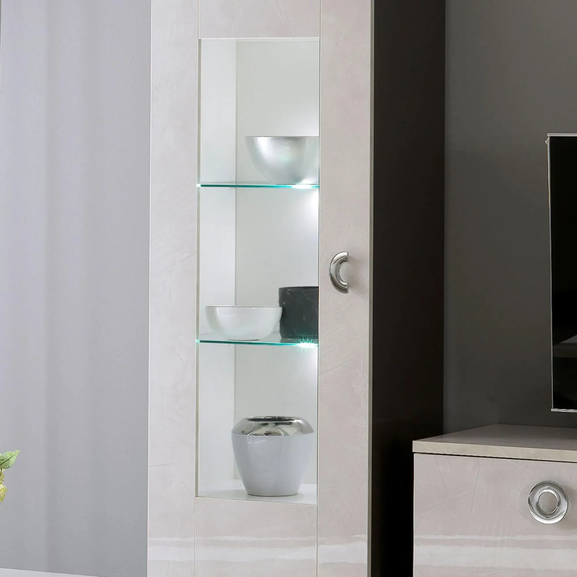 Angelo 1 Door Display Cabinet with LED - Grey, Marble