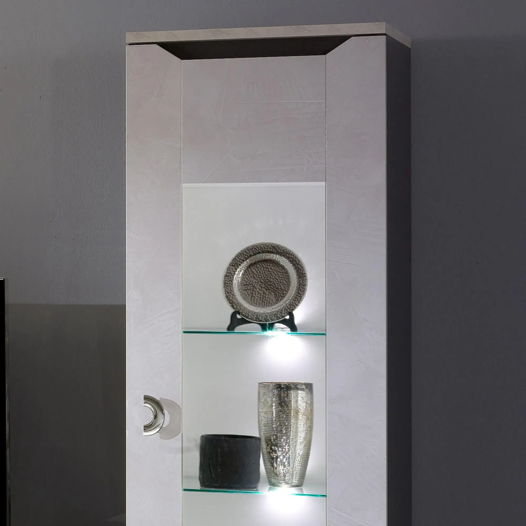 Angelo 1 Door Display Cabinet with LED - Grey, Marble