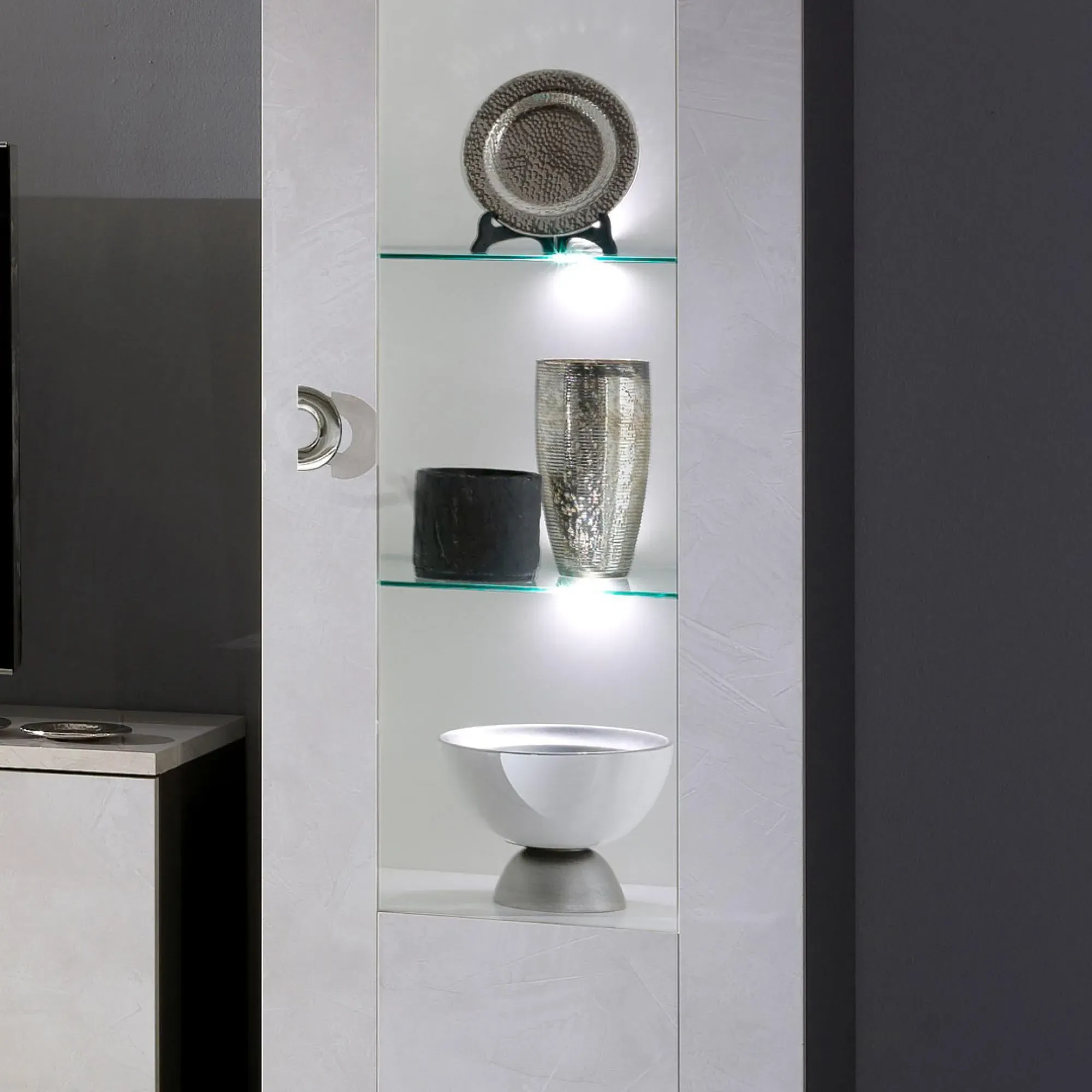 Angelo 1 Door Display Cabinet with LED - Grey, Marble