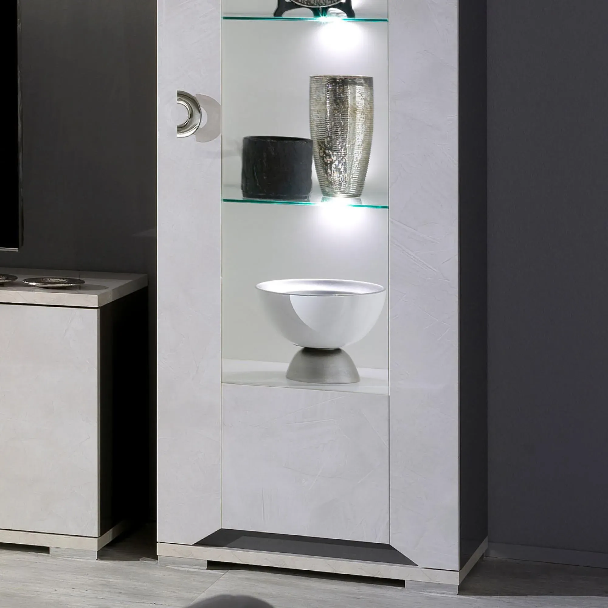 Angelo 1 Door Display Cabinet with LED - Grey, Marble