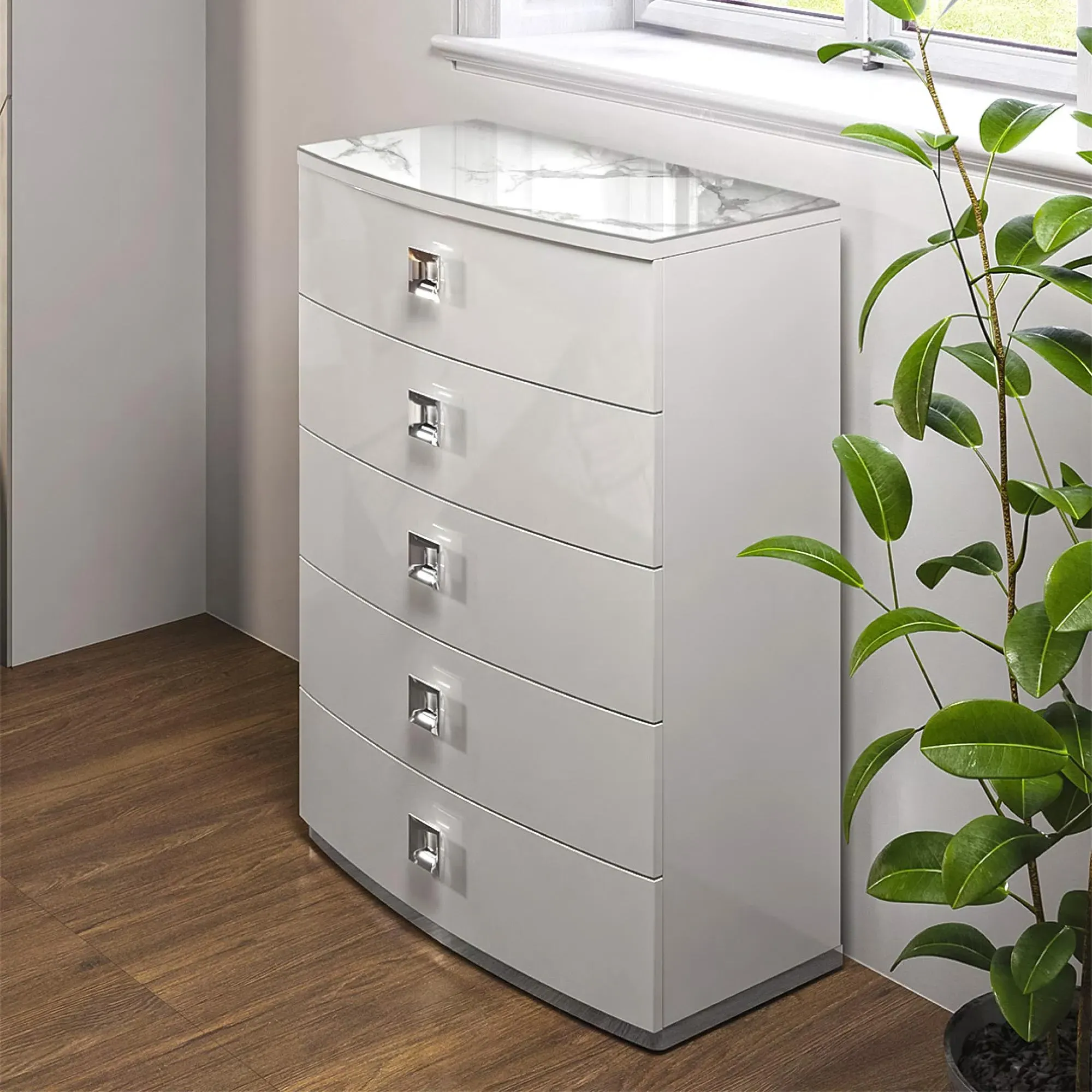 Betty Italian 5 Drawer Chest - White, High Gloss