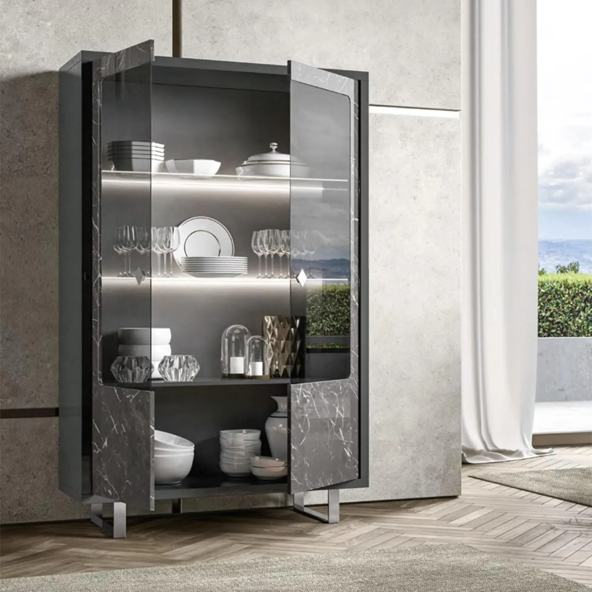 Carvelle 2 Door Display Cabinet with LED - Grey, Particle Board