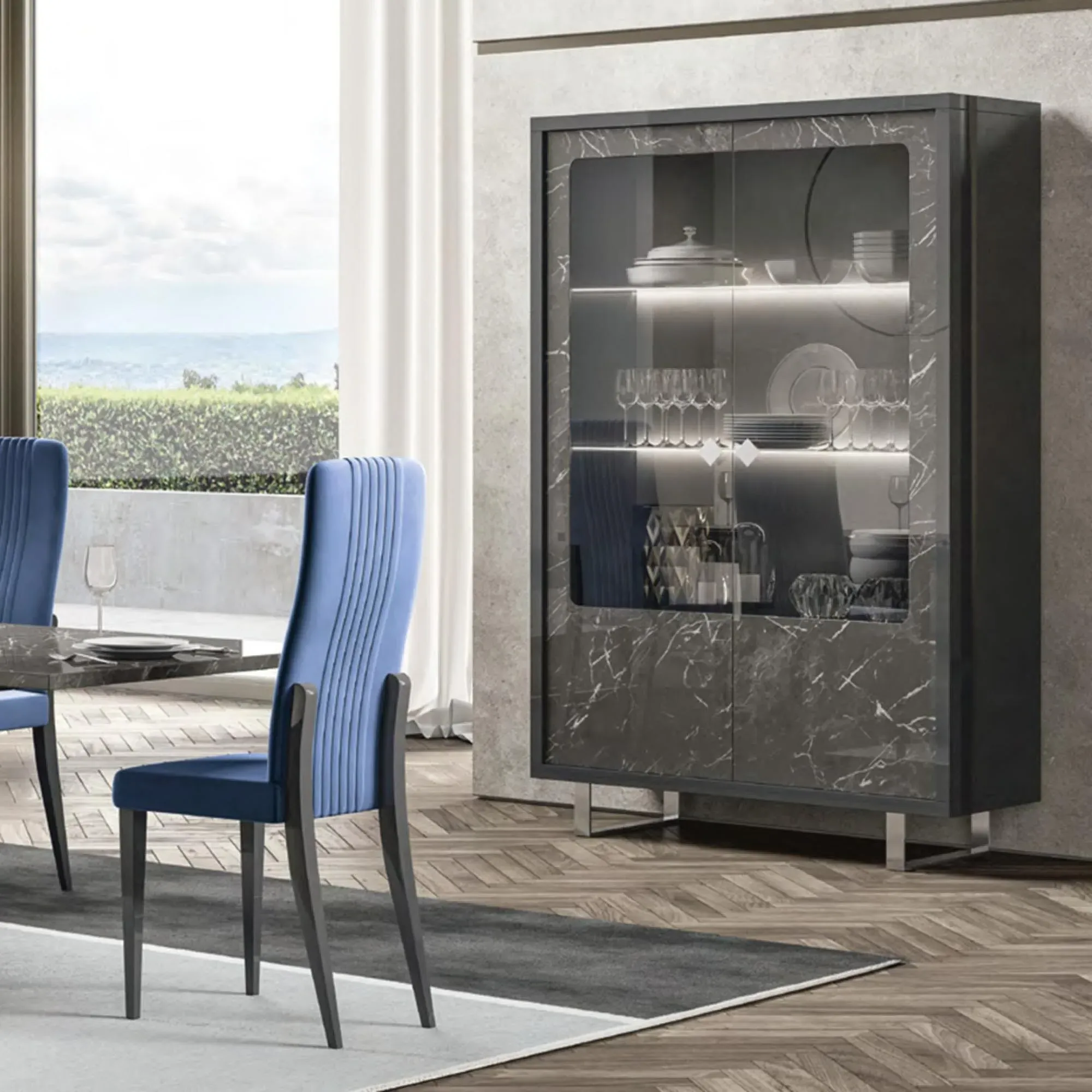 Carvelle 2 Door Display Cabinet with LED - Grey, Particle Board