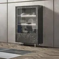 Carvelle 2 Door Display Cabinet with LED - Grey, Particle Board