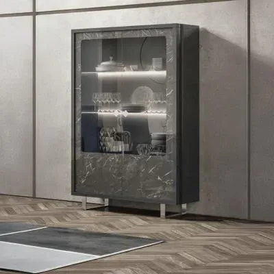 Carvelle 2 Door Display Cabinet with LED - Grey, Particle Board