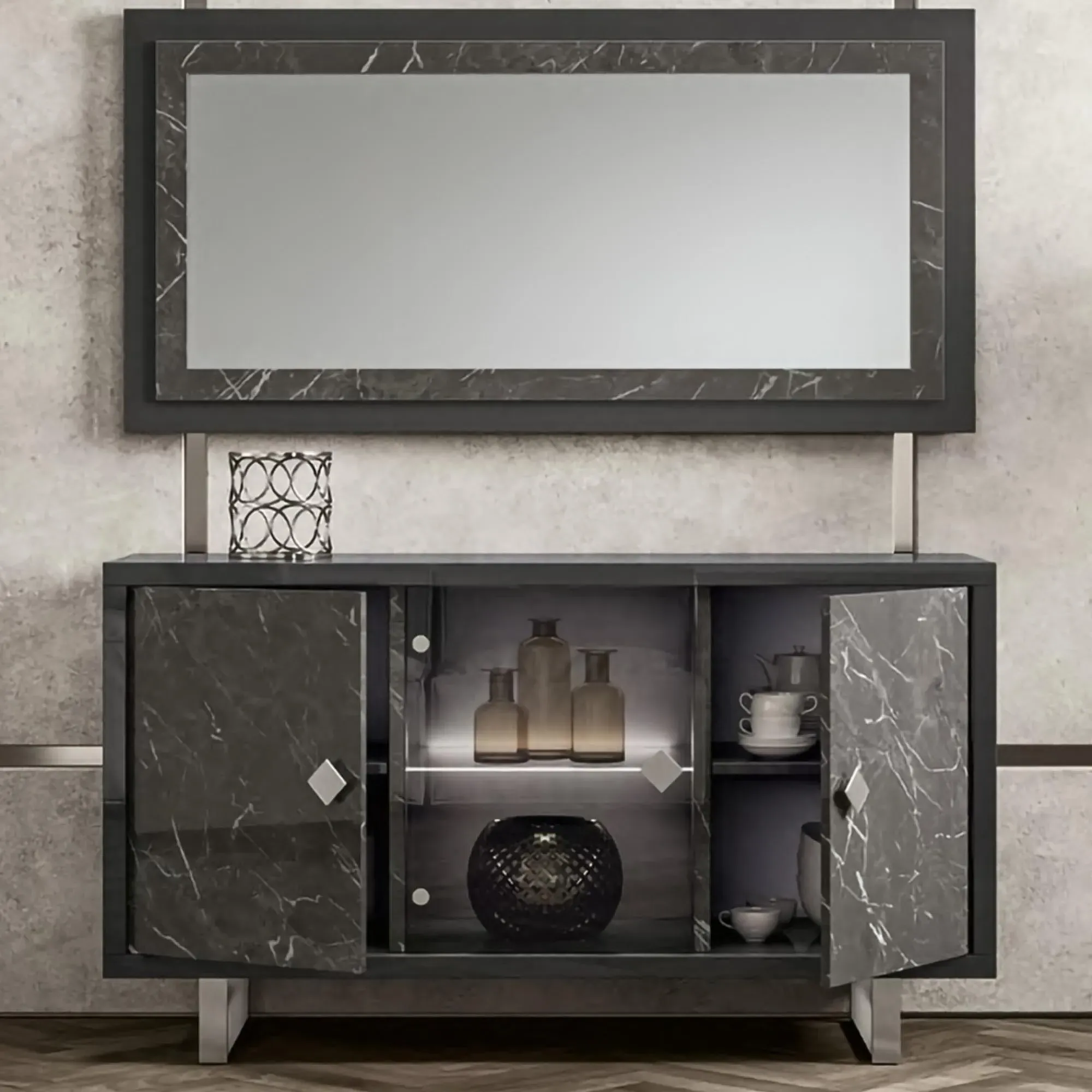 Carvelle 3 Door Sideboard with LED Light - Grey, Particle Board