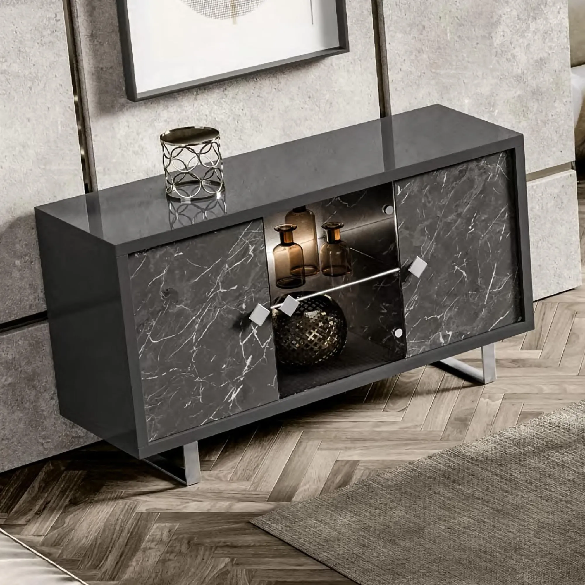 Carvelle 3 Door Sideboard with LED Light - Grey, Particle Board