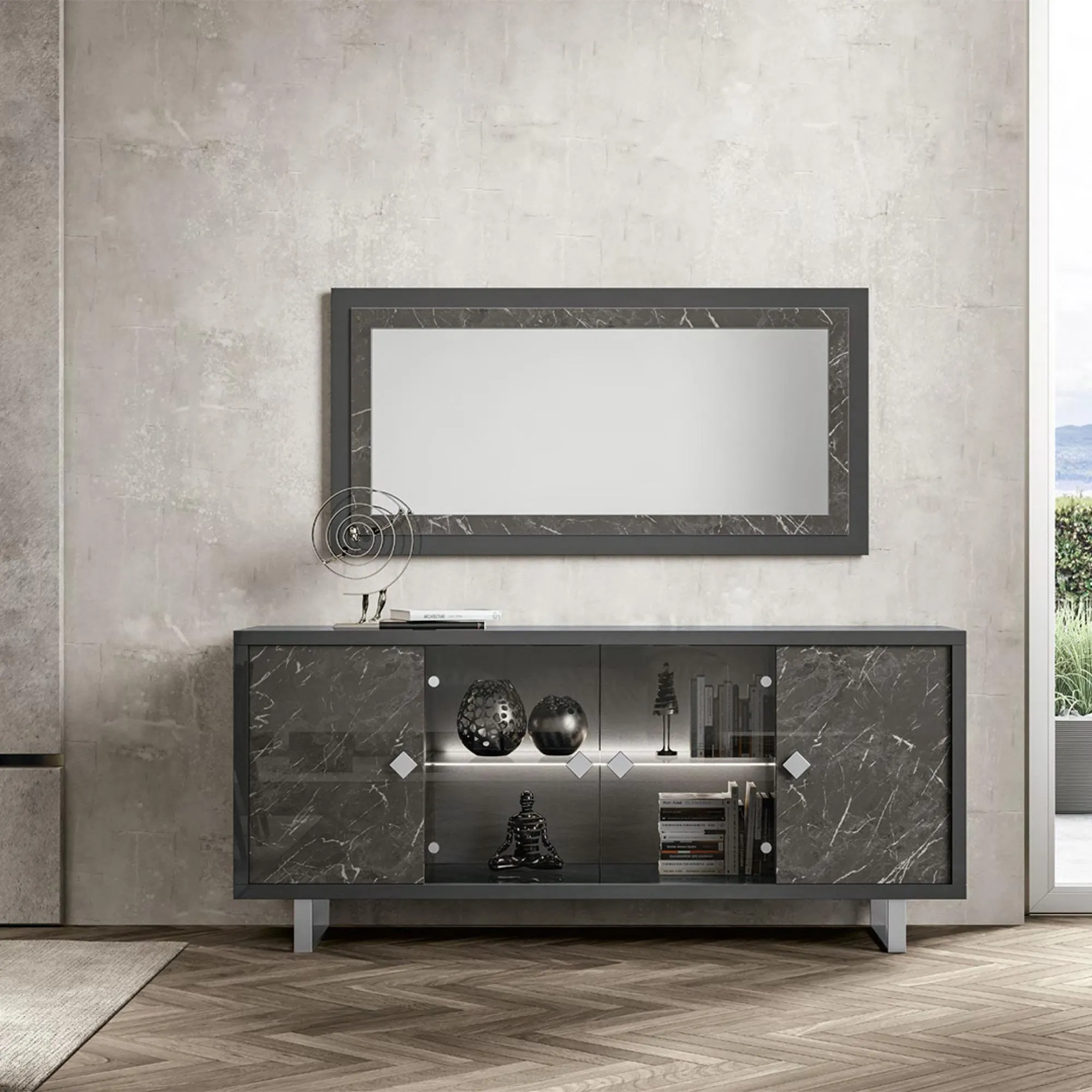 Carvelle 4 Door Sideboard with LED Light - Grey, Particle Board