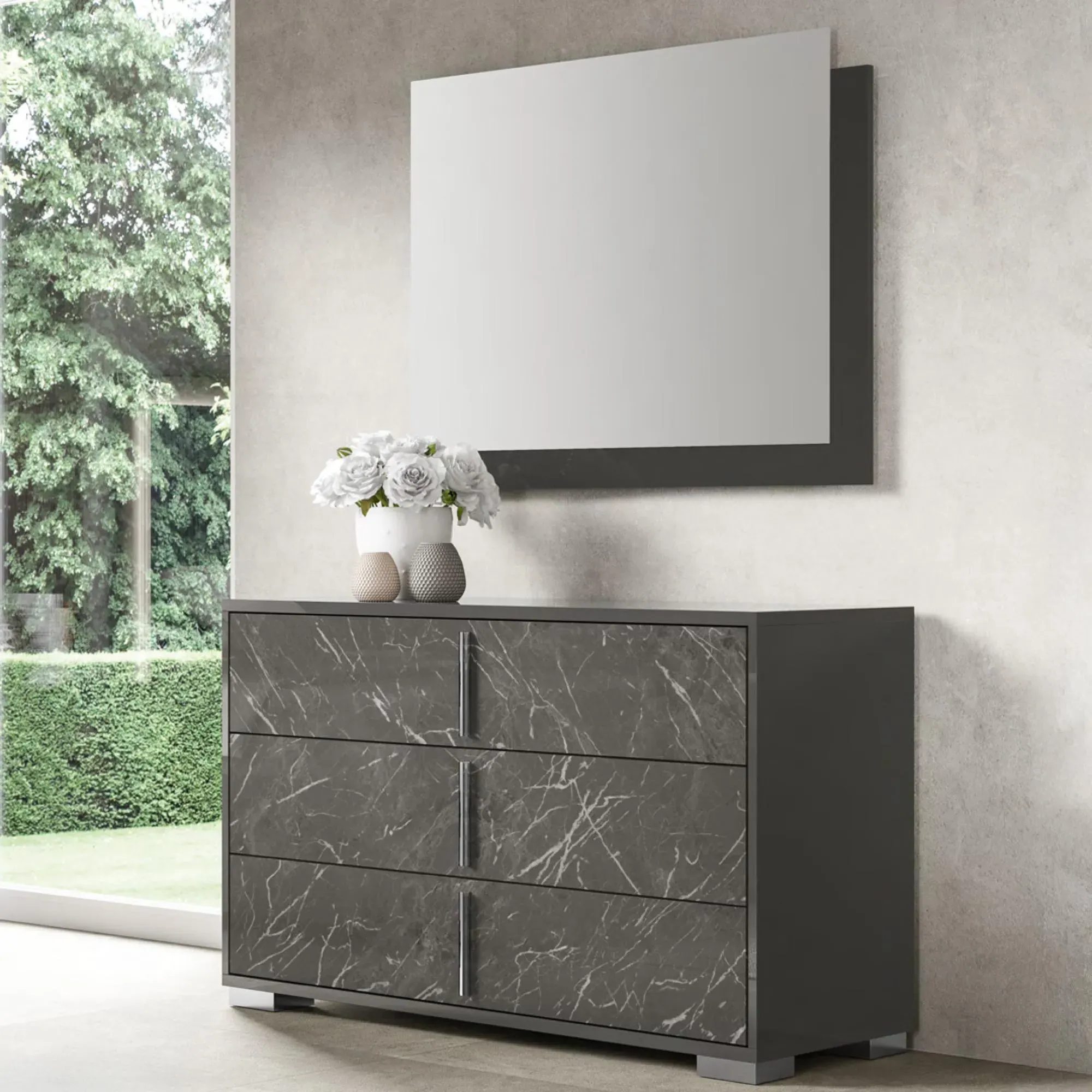 Carvelle Night 3 Drawer Wide Chest - Glossy Grey, Particle Board