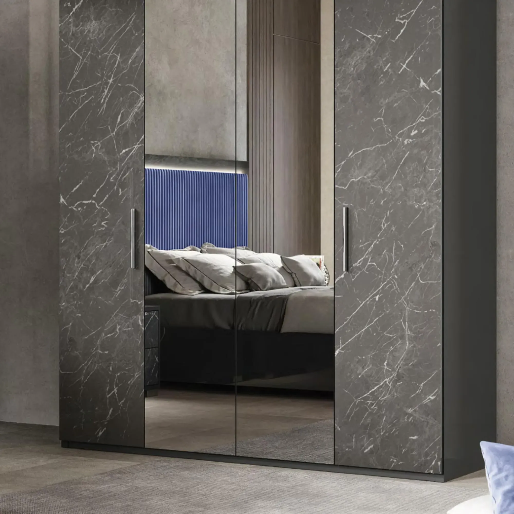 Carvelle Night 4 Door Wardrobe - Glossy Grey, Particle Board