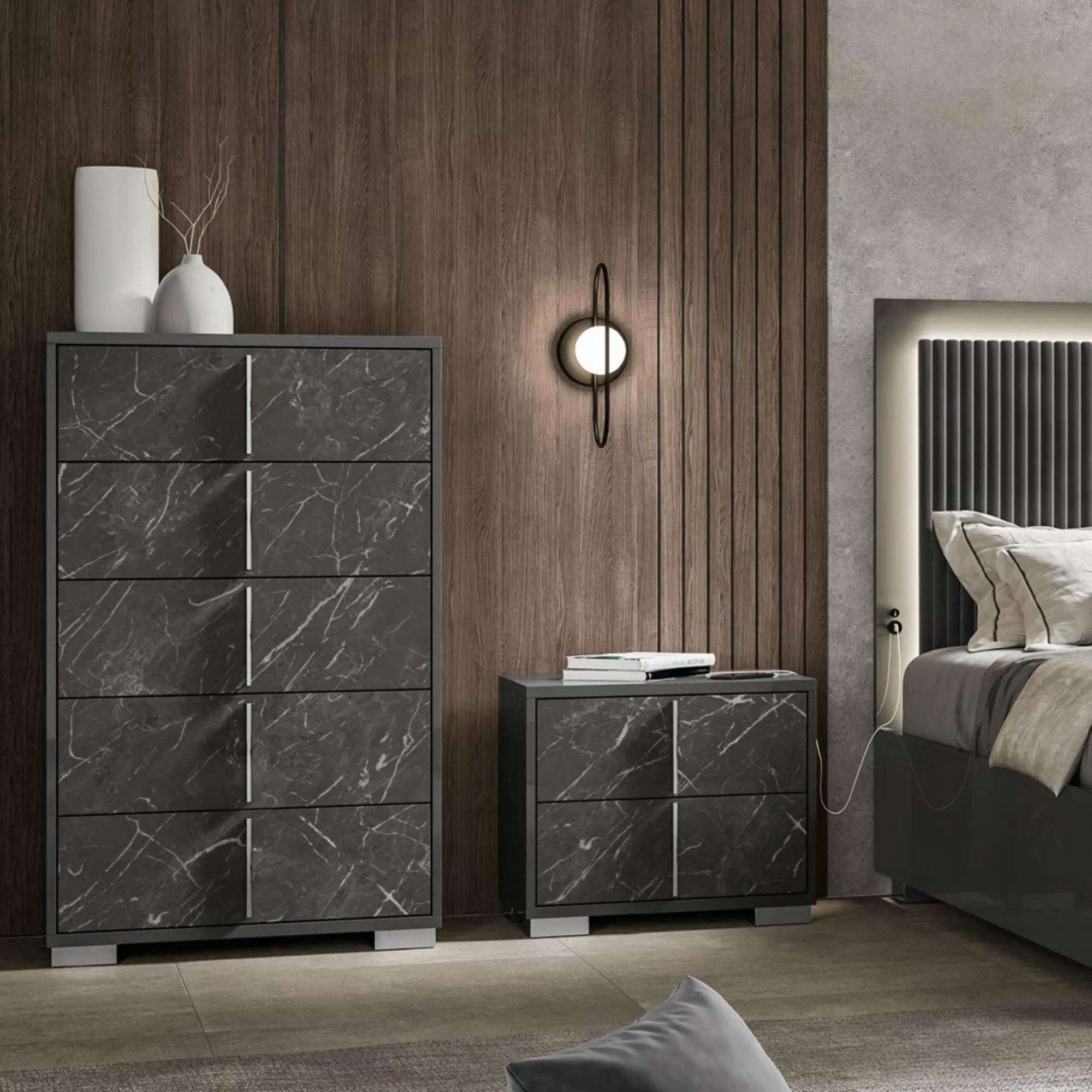 Carvelle Night 5 Drawer Tallboy Chest - Glossy Grey, Particle Board